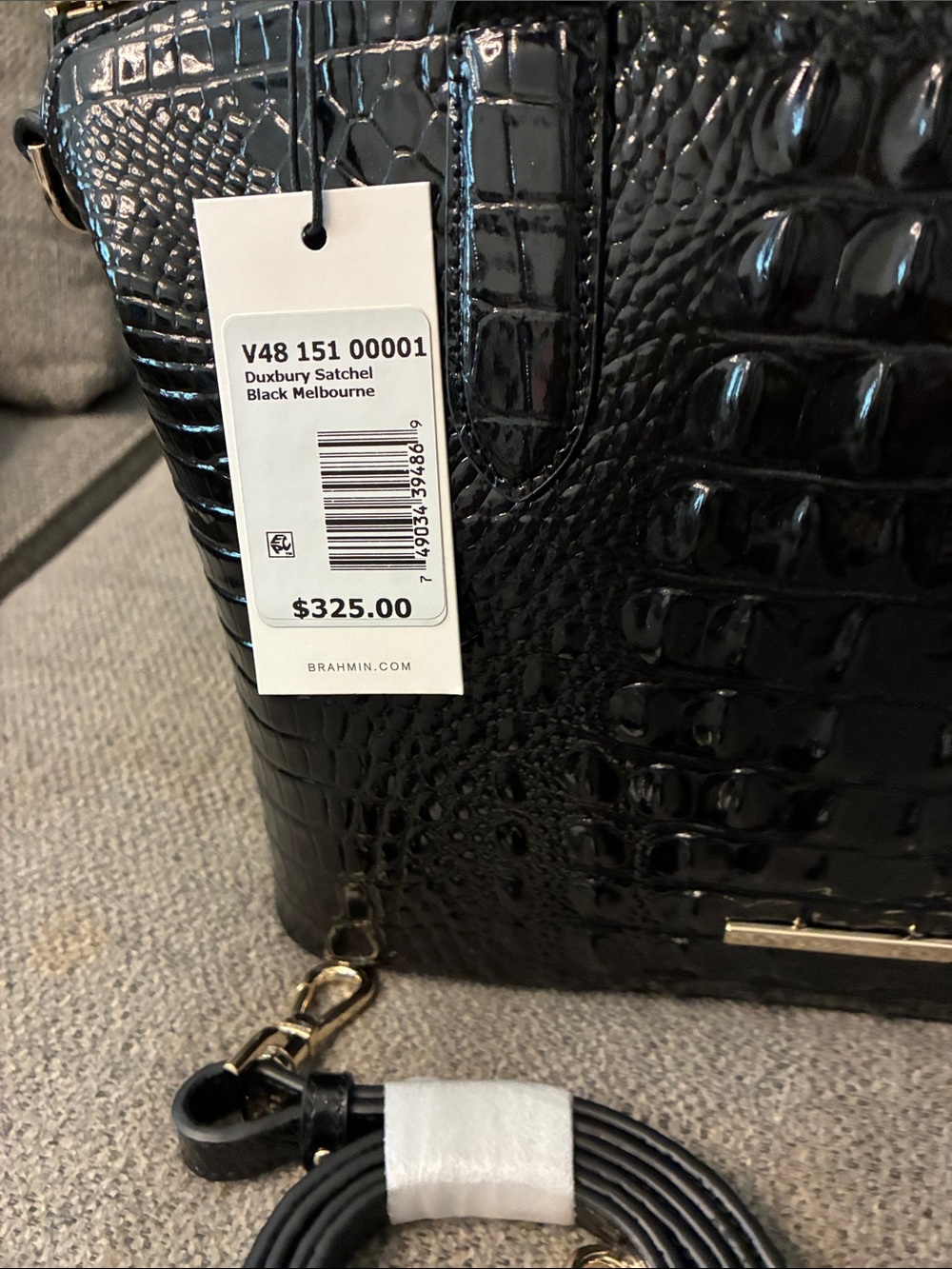 Brahmin Black Croc-Embossed Patent Leather Satchel with Gold Accents - Picture 2 of 5